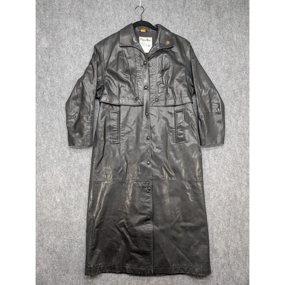 Vintage Pioneer Wear Genuine Leather‎ Black Trench Coat Duster Medium 80s 90s